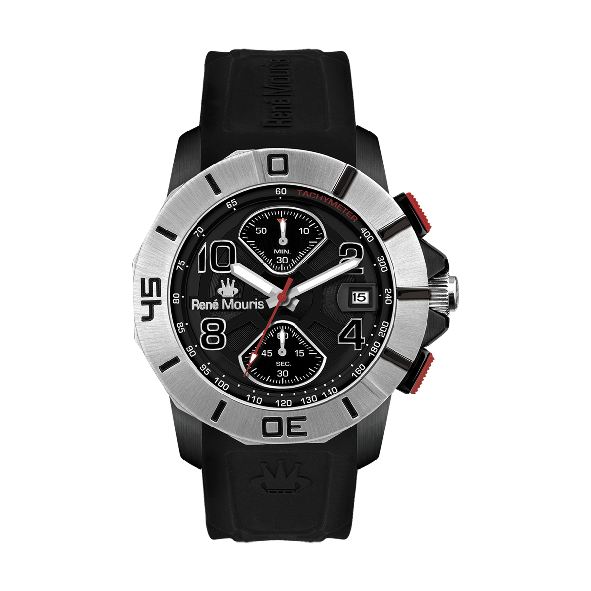 René Mouris Infinité 90121RM1 men's watch, silver, black dial, black silicone strap – front view