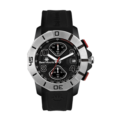 René Mouris Infinité 90121RM1 men's watch, silver, black dial, black silicone strap – front view