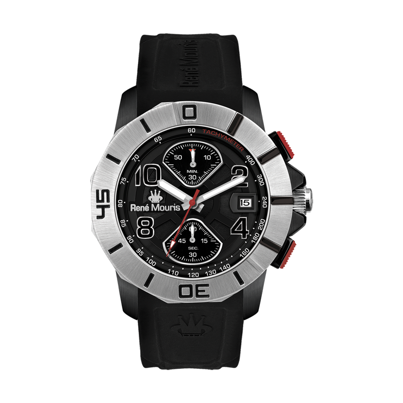 René Mouris Infinité 90121RM1 men's watch, silver, black dial, black silicone strap – front view