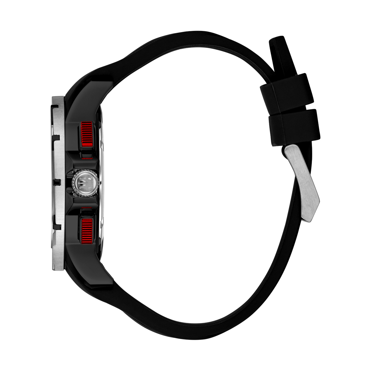 René Mouris Infinité 90121RM1 men's watch, silver, black dial, black silicone strap – side profile