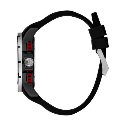 René Mouris Infinité 90121RM1 men's watch, silver, black dial, black silicone strap – side profile