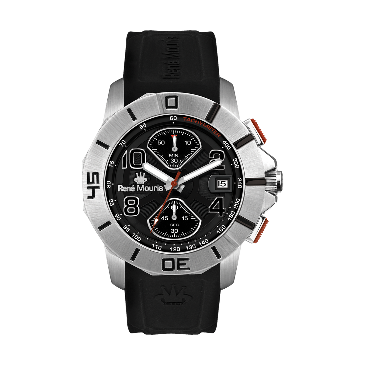 René Mouris Infinité 90121RM2 men's watch, silver, black dial, red accents – front view