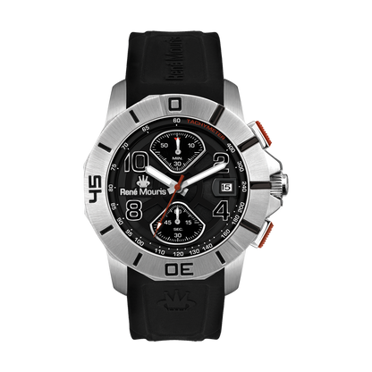 René Mouris Infinité 90121RM2 men's watch, silver, black dial, red accents – front view