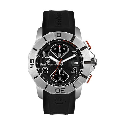René Mouris Infinité 90121RM2 men's watch, silver, black dial, red accents – front view