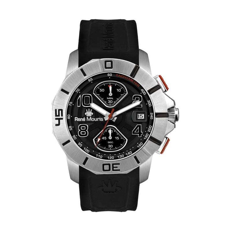 René Mouris Infinité 90121RM2 men's watch, silver, black dial, red accents – front view