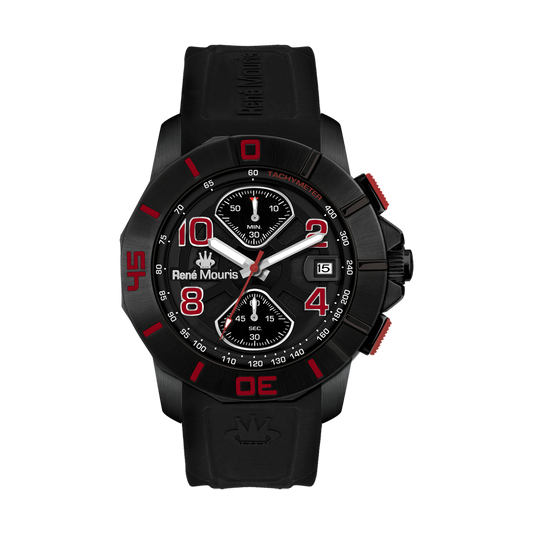 René Mouris Infinité 90121RM3 men's watch, black PVD, black dial, red accents – front view