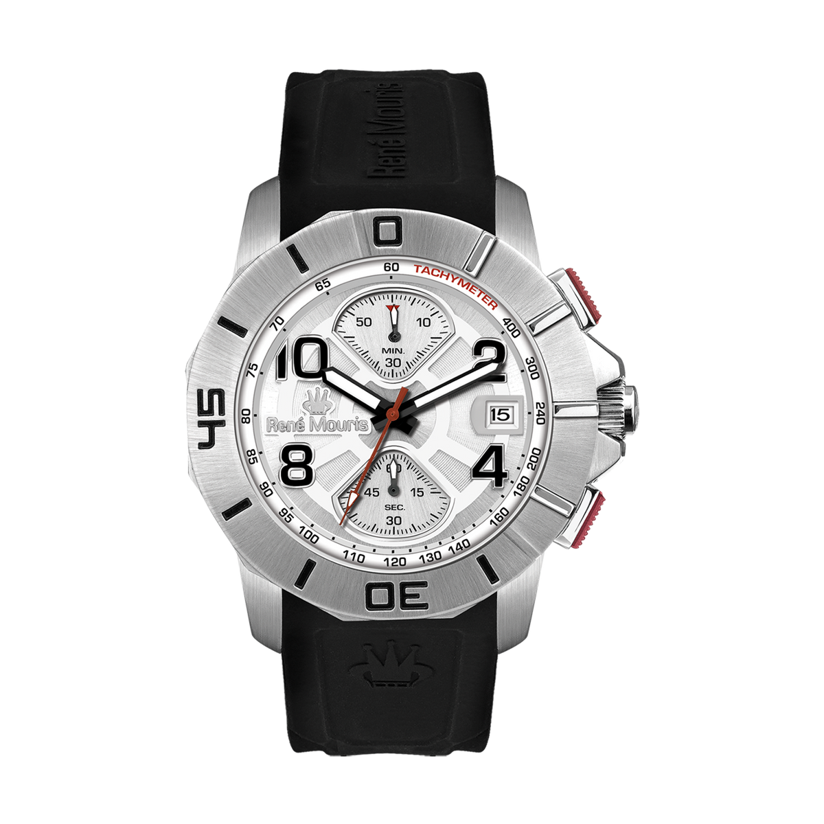 René Mouris Infinité 90121RM4 men's watch, silver, white dial, black silicone strap – front view