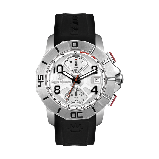 René Mouris Infinité 90121RM4 men's watch, silver, white dial, black silicone strap – front view