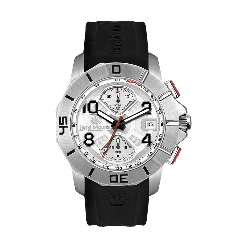 René Mouris Infinité 90121RM4 men's watch, silver, white dial, black silicone strap – front view