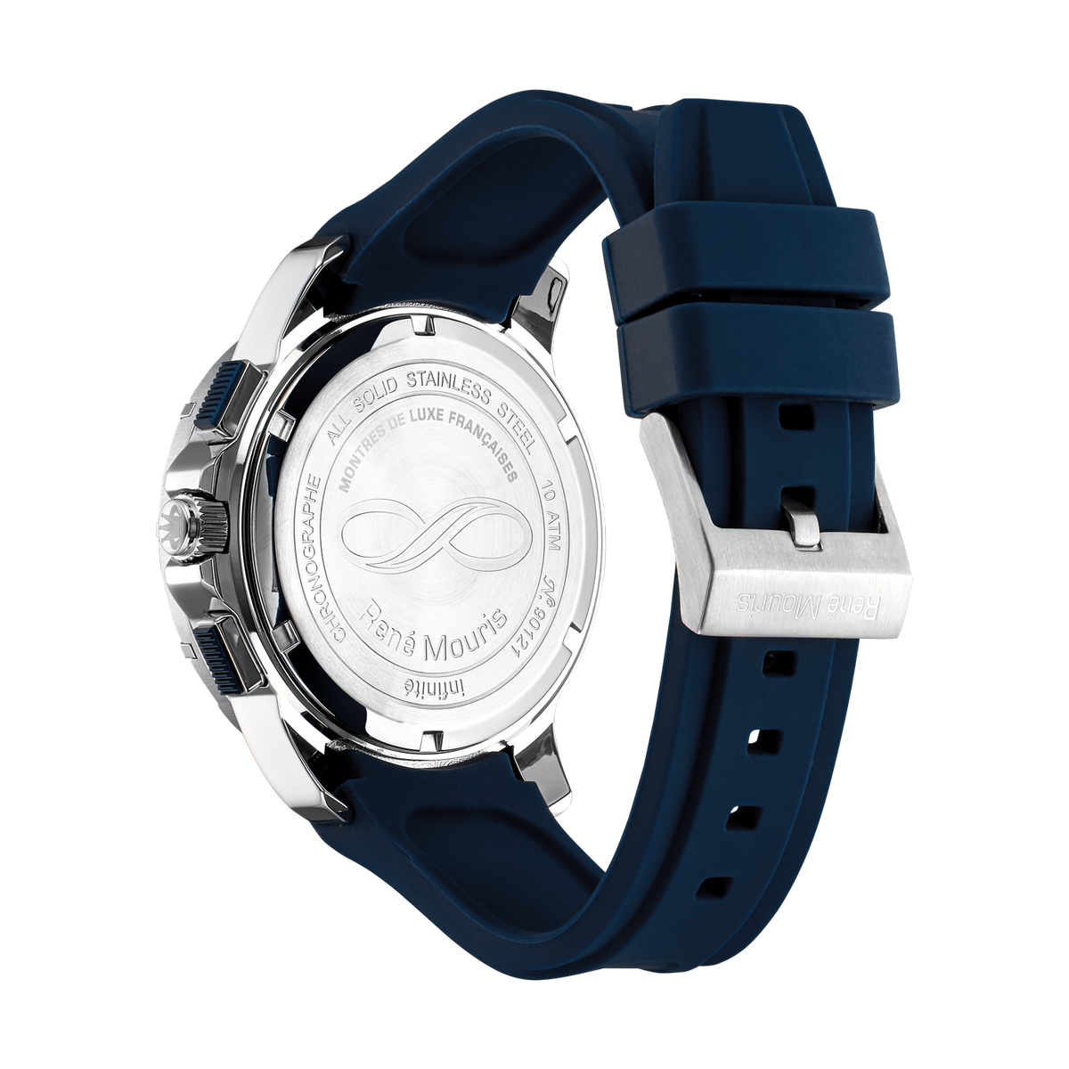 René Mouris Infinité 90121RM5 men's watch, silver, white dial, blue silicone strap – case back