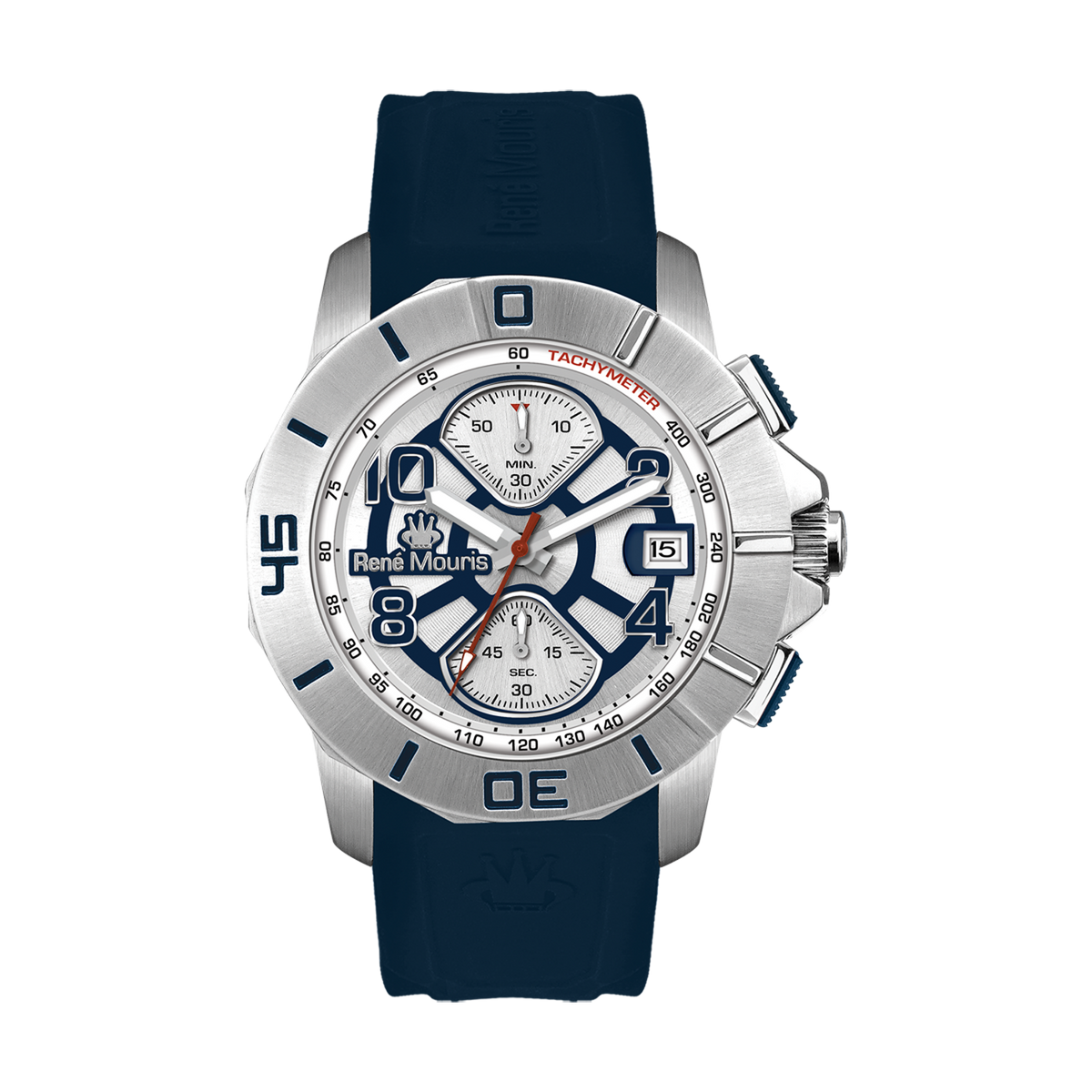 René Mouris Infinité 90121RM5 men's watch, silver, white dial, blue silicone strap – front view