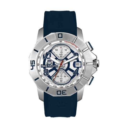 René Mouris Infinité 90121RM5 men's watch, silver, white dial, blue silicone strap – front view