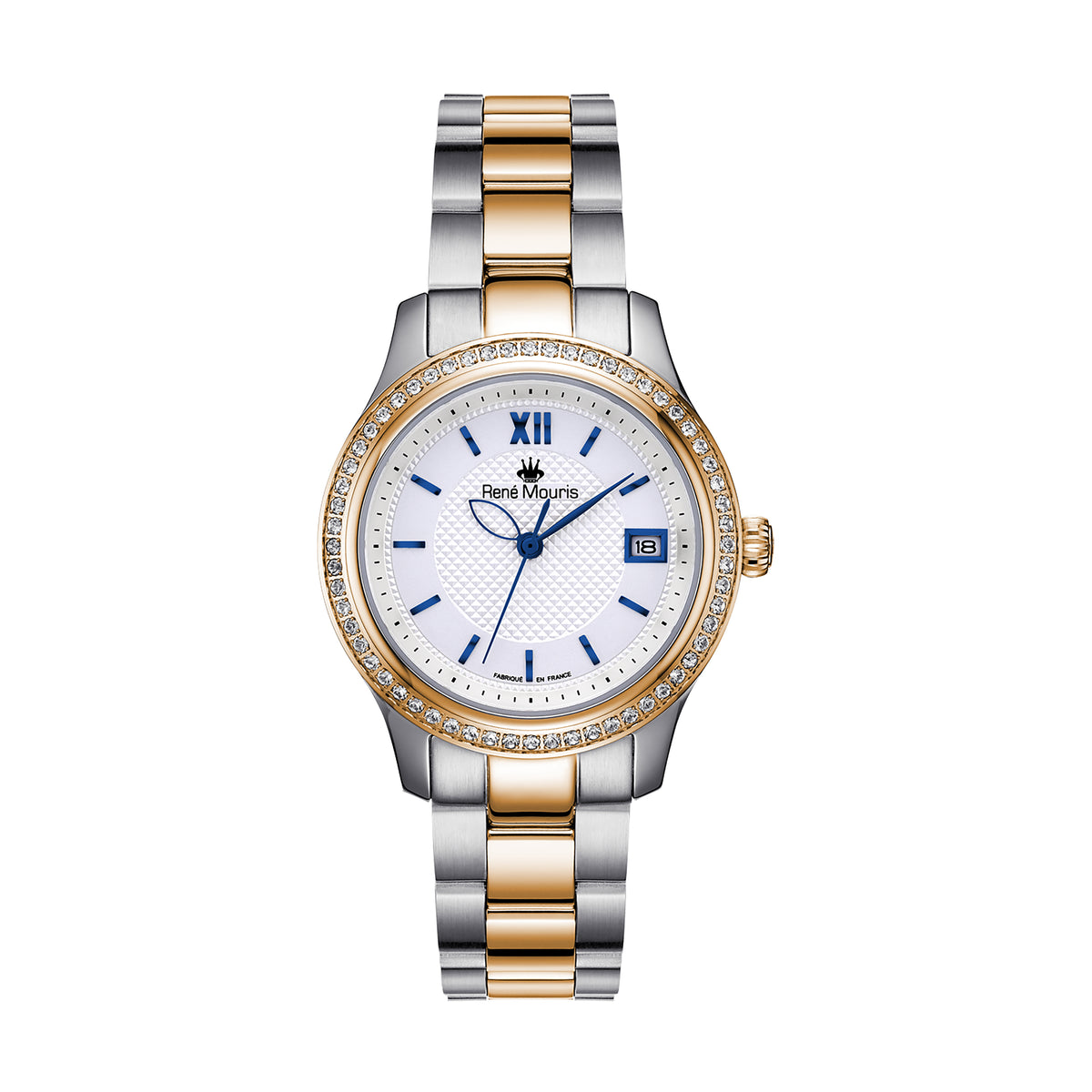 René Mouris Lola 50113RM3 women's watch, two-tone rose gold, white dial, crystal bezel – front view