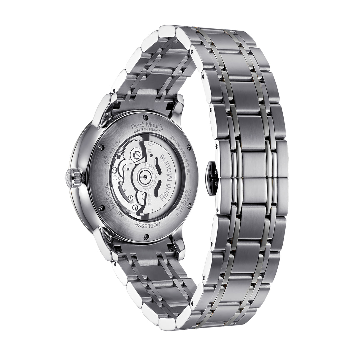 René Mouris Noblesse 10107RM1 men's watch, silver, white dial, steel bracelet – case back