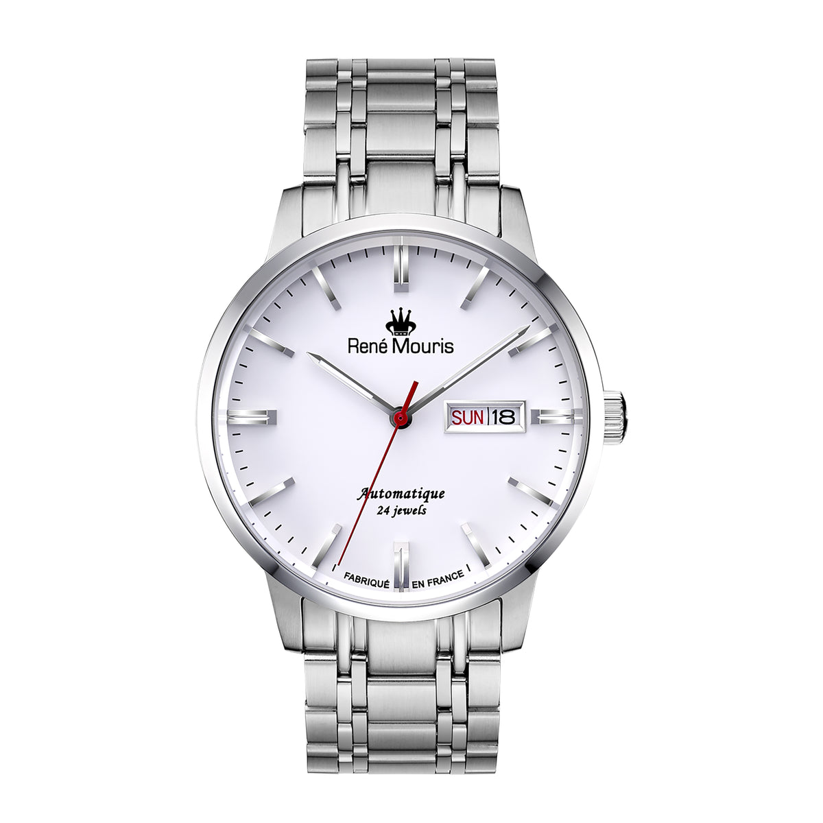 René Mouris Noblesse 10107RM1 men's watch, silver, white dial, steel bracelet – front view