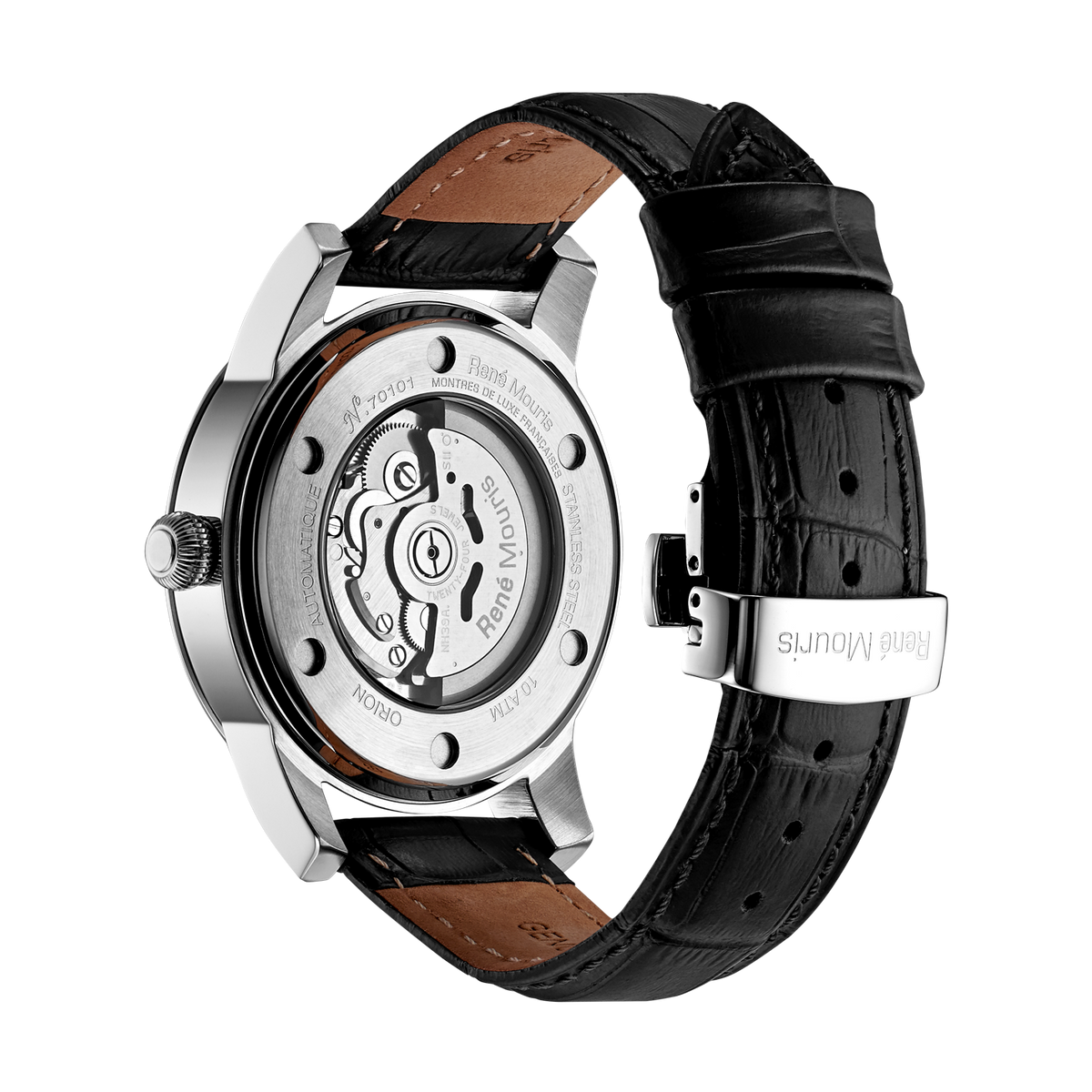 René Mouris Orion 70101RM1 men's automatic watch, silver with white dial and black leather strap – case back