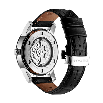 René Mouris Orion 70101RM1 men's automatic watch, silver with white dial and black leather strap – case back