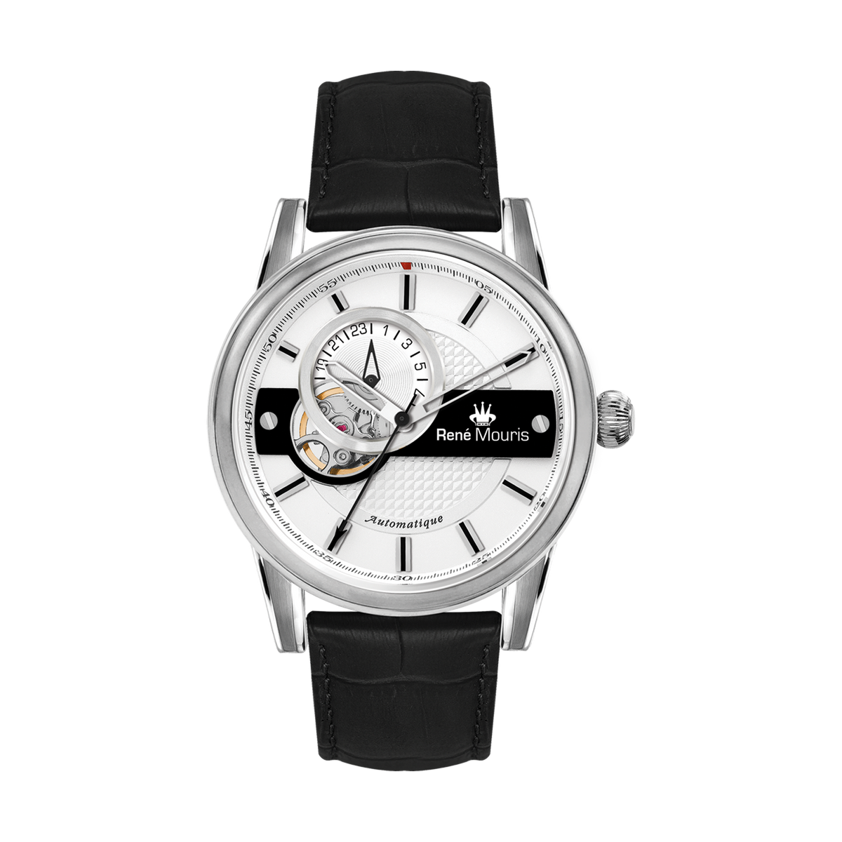 René Mouris Orion 70101RM1 men's automatic watch, silver with white dial and black leather strap – front view