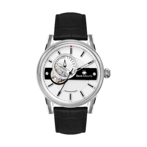 René Mouris Orion 70101RM1 men's automatic watch, silver with white dial and black leather strap – front view