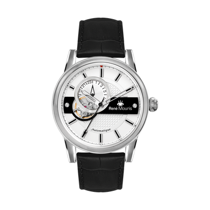 René Mouris Orion 70101RM1 men's automatic watch, silver with white dial and black leather strap – front view