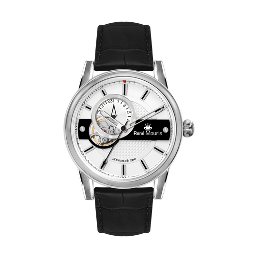 René Mouris Orion 70101RM1 men's automatic watch, silver with white dial and black leather strap – front view