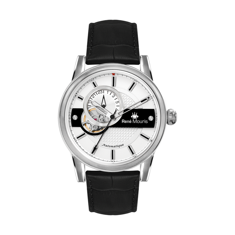 René Mouris Orion 70101RM1 men's automatic watch, silver with white dial and black leather strap – front view