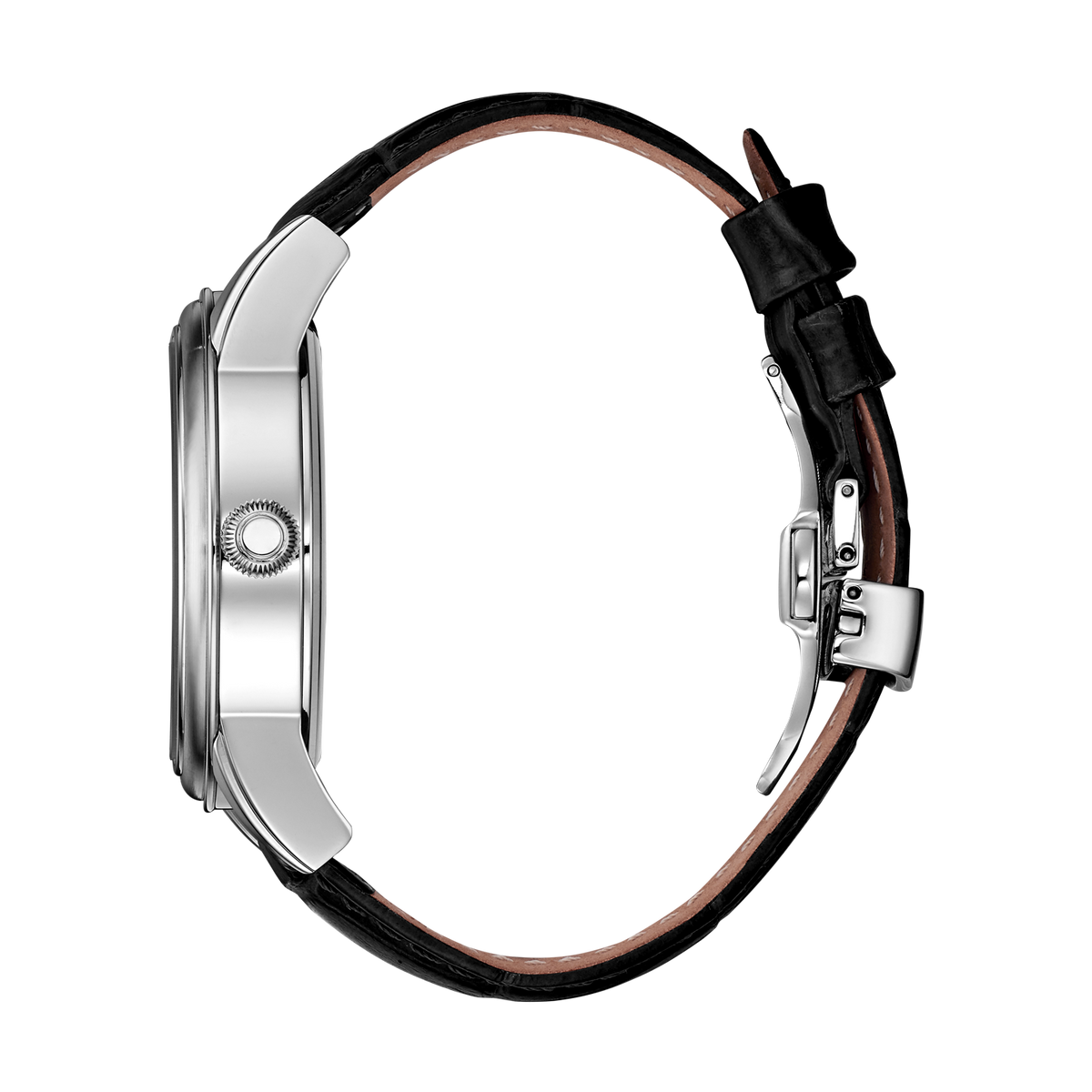 René Mouris Orion 70101RM1 men's automatic watch, silver with white dial and black leather strap – side profile