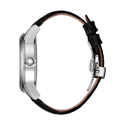René Mouris Orion 70101RM1 men's automatic watch, silver with white dial and black leather strap – side profile