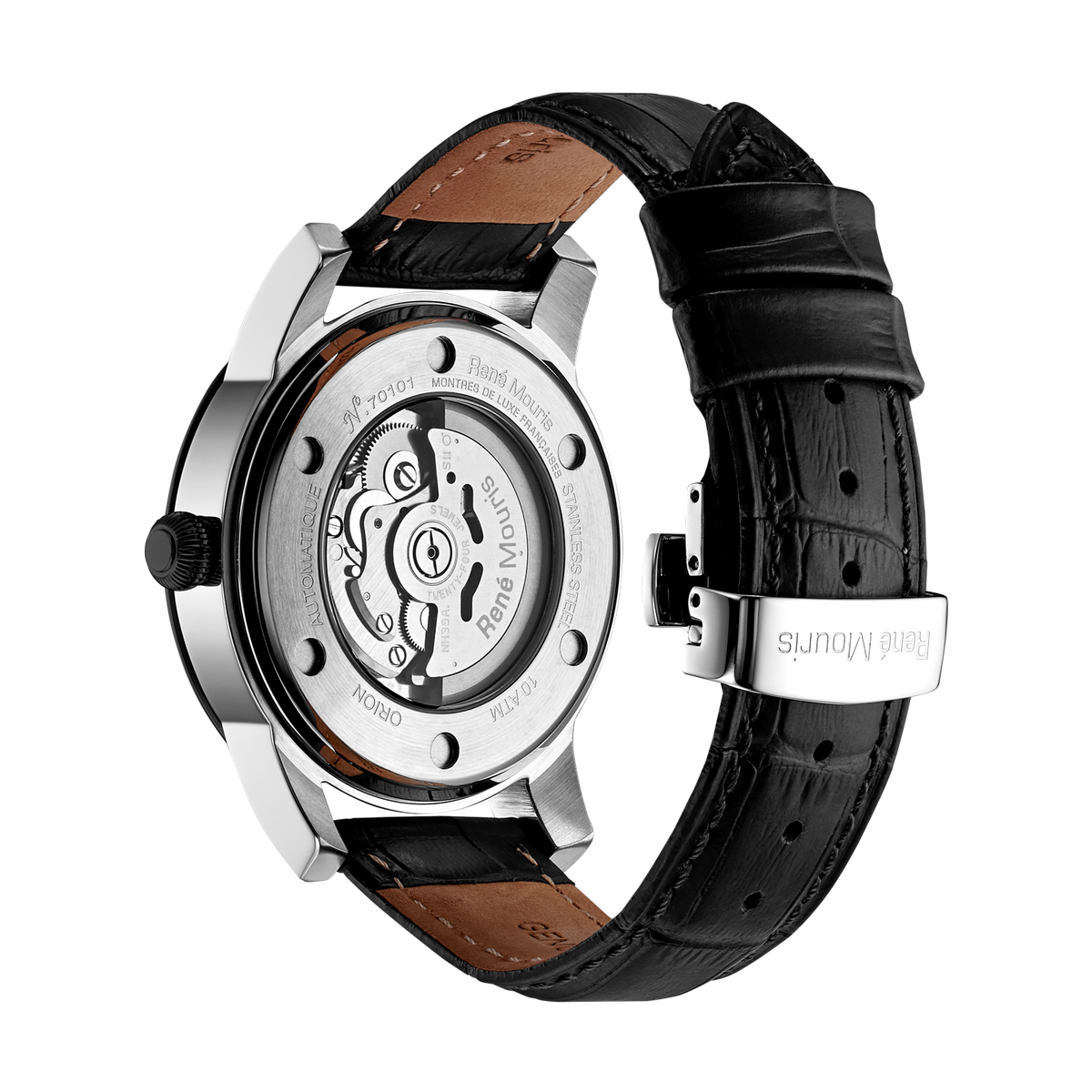 René Mouris Orion 70101RM2 men's automatic watch, black with black dial and black leather strap – case back