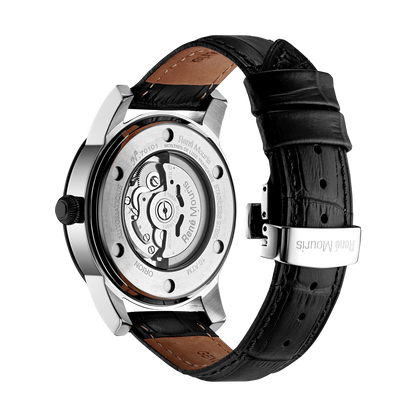 René Mouris Orion 70101RM2 men's automatic watch, black with black dial and black leather strap – case back