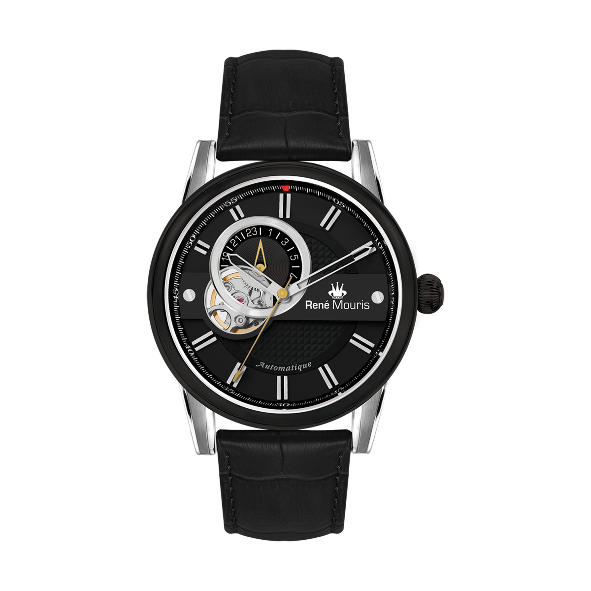 René Mouris Orion 70101RM2 men's automatic watch, black with black dial and black leather strap – front view