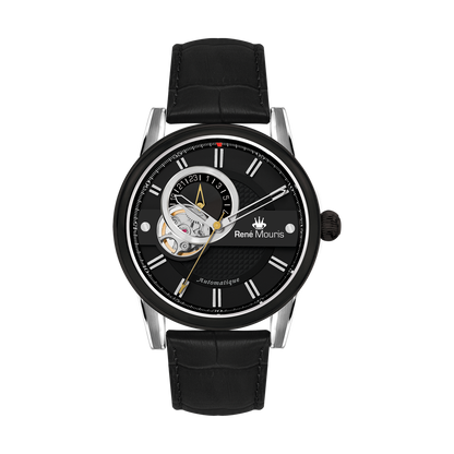 René Mouris Orion 70101RM2 men's automatic watch, black with black dial and black leather strap – front view