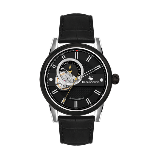René Mouris Orion 70101RM2 men's automatic watch, black with black dial and black leather strap – front view