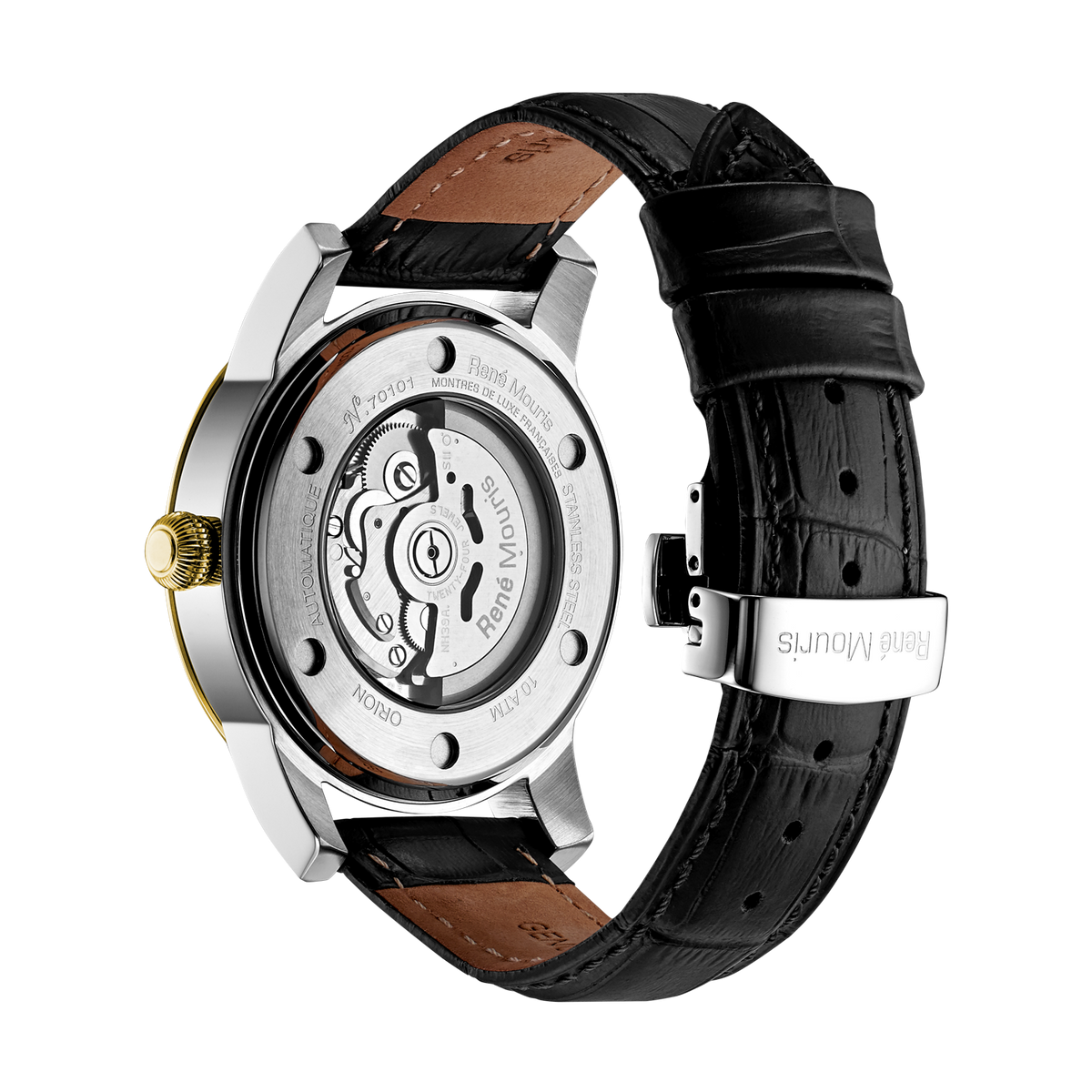 René Mouris Orion 70101RM4 men's automatic watch, gold with white dial and black leather strap – case back