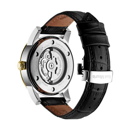René Mouris Orion 70101RM4 men's automatic watch, gold with white dial and black leather strap – case back