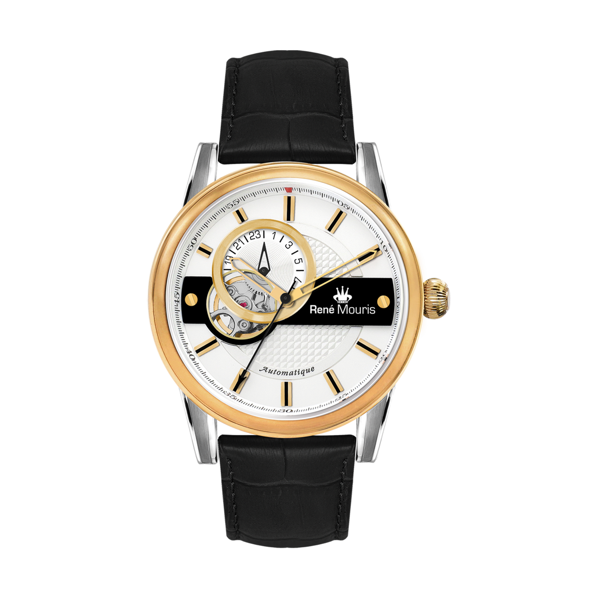 René Mouris Orion 70101RM4 men's automatic watch, gold with white dial and black leather strap – front view