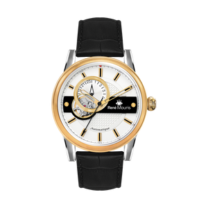 René Mouris Orion 70101RM4 men's automatic watch, gold with white dial and black leather strap – front view