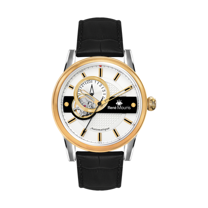 René Mouris Orion 70101RM4 men's automatic watch, gold with white dial and black leather strap – front view