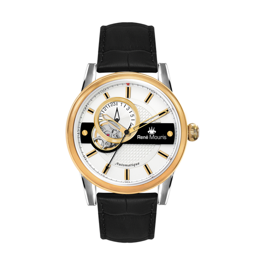 René Mouris Orion 70101RM4 men's automatic watch, gold with white dial and black leather strap – front view