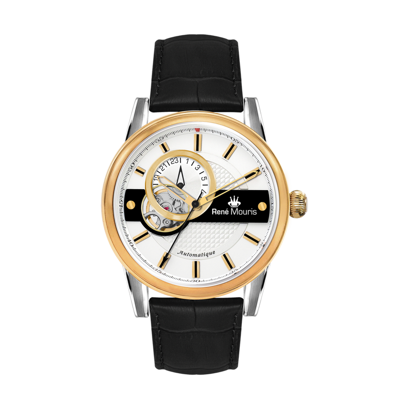 René Mouris Orion 70101RM4 men's automatic watch, gold with white dial and black leather strap – front view