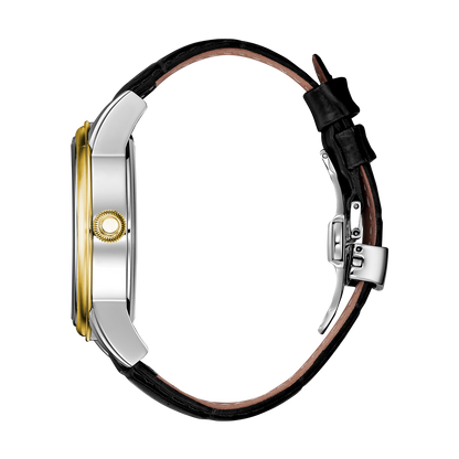 René Mouris Orion 70101RM4 men's automatic watch, gold with white dial and black leather strap – side profile