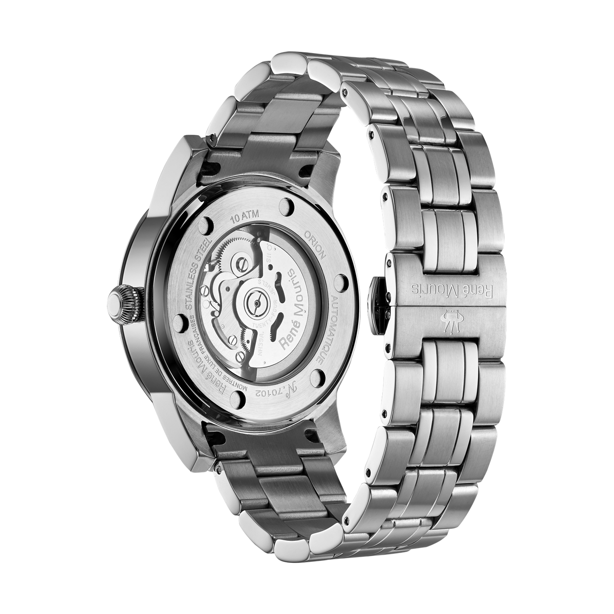 René Mouris Orion 70102RM1 men's automatic watch, silver with white dial and steel bracelet – case back