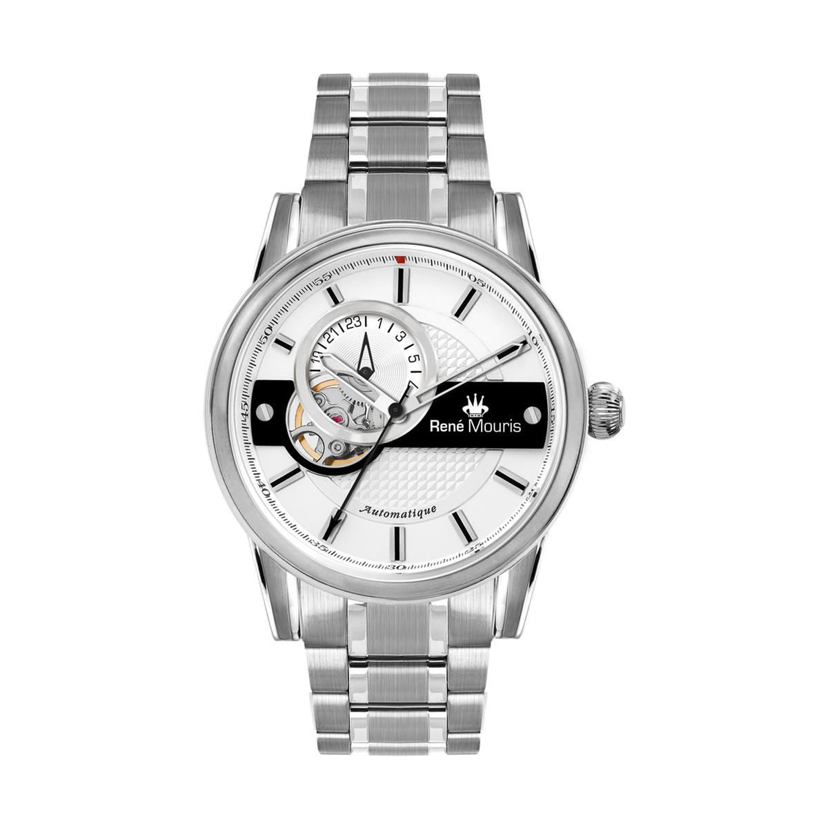 René Mouris Orion 70102RM1 men's automatic watch, silver with white dial and steel bracelet – front view