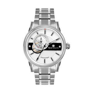 René Mouris Orion 70102RM1 men's automatic watch, silver with white dial and steel bracelet – front view