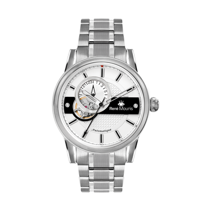 René Mouris Orion 70102RM1 men's automatic watch, silver with white dial and steel bracelet – front view