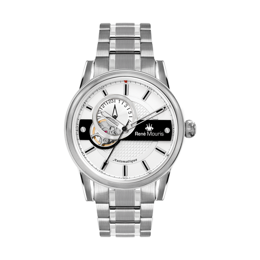 René Mouris Orion 70102RM1 men's automatic watch, silver with white dial and steel bracelet – front view