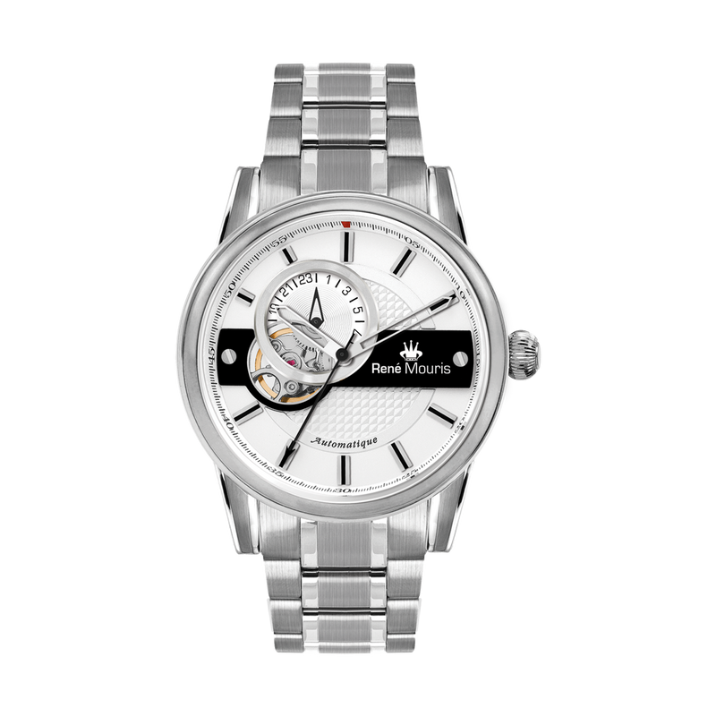 René Mouris Orion 70102RM1 men's automatic watch, silver with white dial and steel bracelet – front view