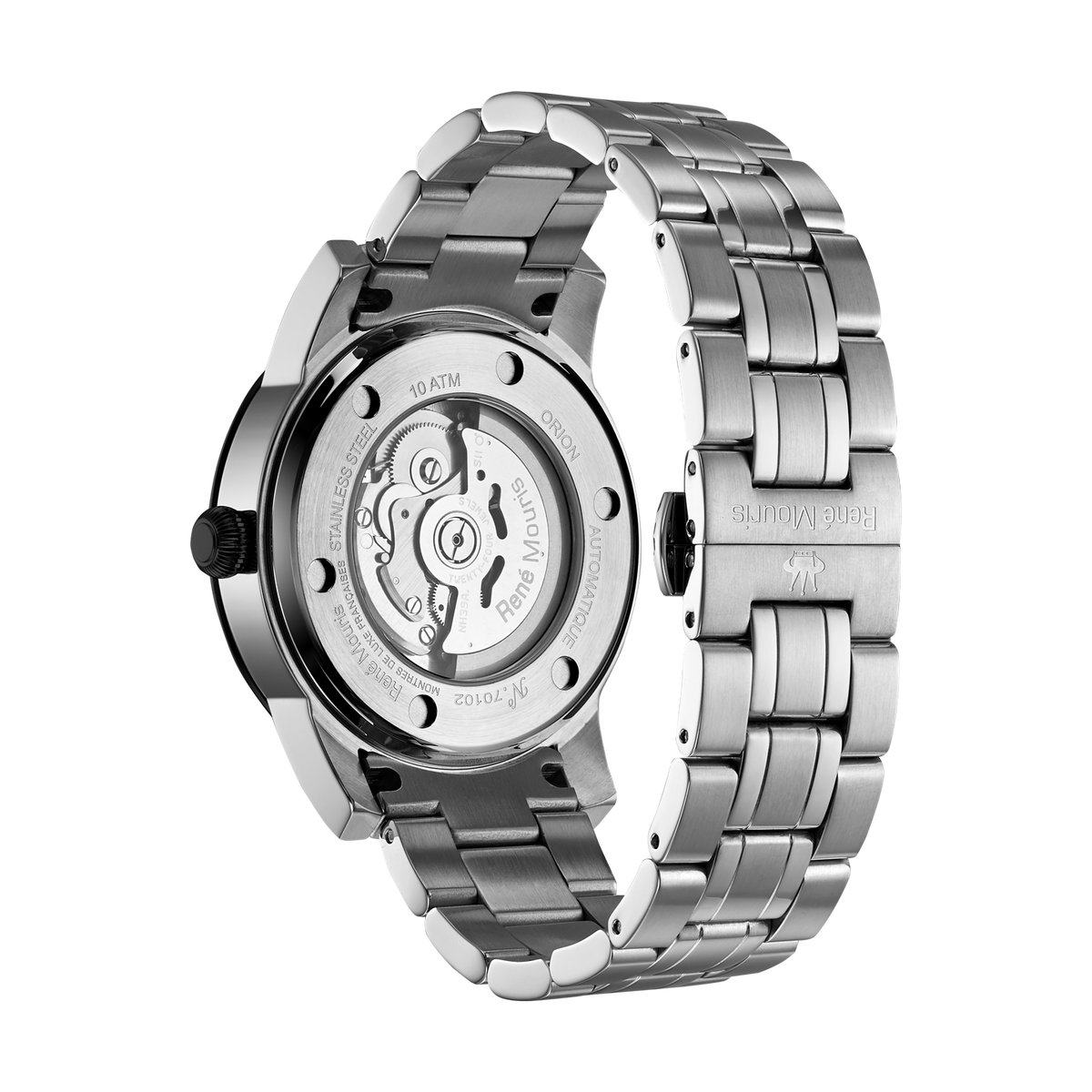 René Mouris Orion 70102RM2 men's automatic watch, silver with black dial and steel bracelet – case back