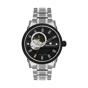 René Mouris Orion 70102RM2 men's automatic watch, silver with black dial and steel bracelet – front view