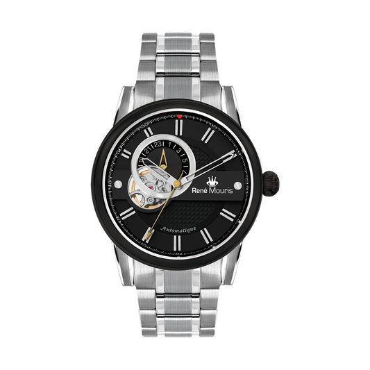 René Mouris Orion 70102RM2 men's automatic watch, silver with black dial and steel bracelet – front view